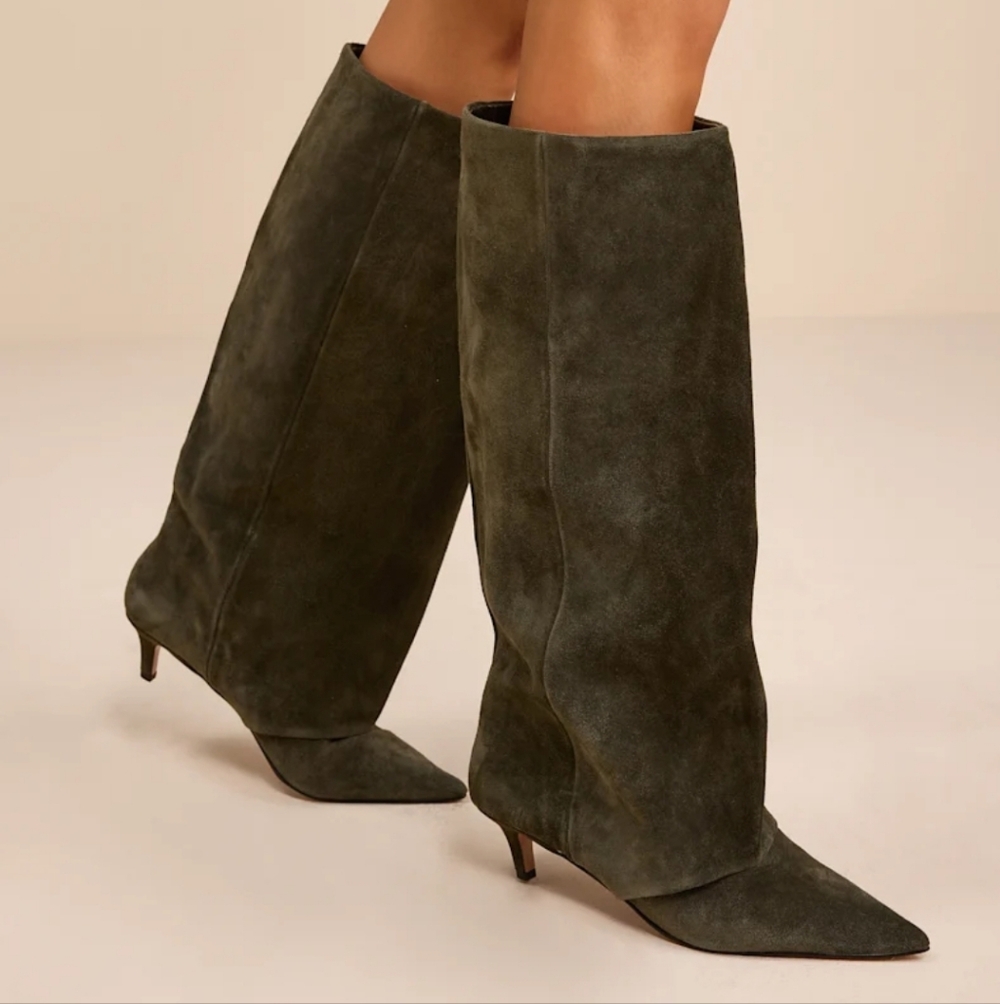 STEVE MADDEN LUCA KITTEN HEEL KNEE HIGH BOOTS OLIVE SUEDE - Picture 2 of 15